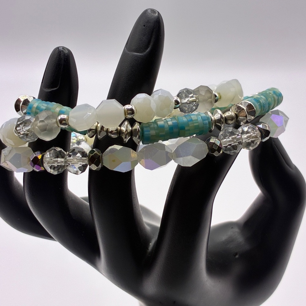 Faceted Milk Glass & Blue Bracelet Trio Stackable, Stretchable